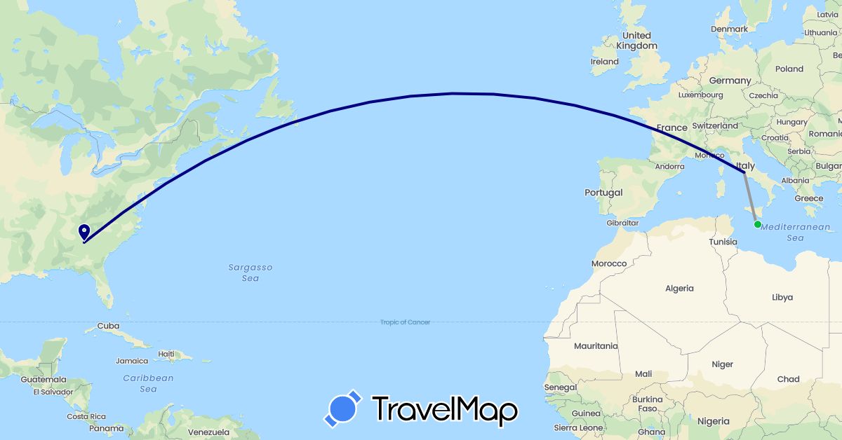 TravelMap itinerary: driving, bus, plane in Italy, Malta, United States (Europe, North America)